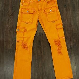 Preme Jeans Mens 36x34 Semi Stacked Fit Cargo Utility Orange Distressed NWT